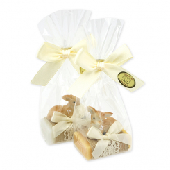 Schafmilchseife Gästeseife 25g dekoriert mit Reh Kitz in Cello, Classic/Zirbe 