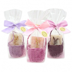 Basket filled with sheep's milk soap square 35g decorated with a rabbit in cellophane, assorted 