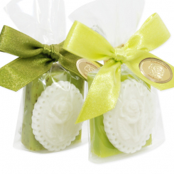 Sheep milk guest soap 25g decorated with a soap rose-medallion 8g in a cellophane, Verbena/pear 