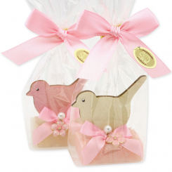 Sheep milk guest soap 25g decorated with a bird in a cellophane, classic/peony 