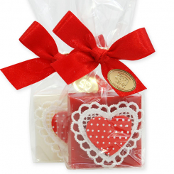Schafmilchseife Quadrat 35g dekoriert mit Herz in Cello, Classic/Granatapfel 