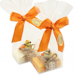 Sheep milk guest soap 25g decorated with a bird in a cellophane, Classic/orange 