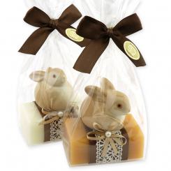 Schafmilchseife eckig 100g dekoriert mit Hase in Cello, Classic/Quitte 