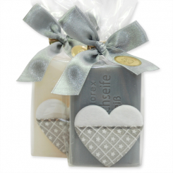 Schafmilchseife eckig 100g dekoriert mit Stoffherz in Cello, Classic/Christrose 