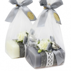 Sheep milk soap 100g decorated with roses in a cellophane, Classic/Edelweiss silver 