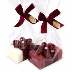Schafmilchseife eckig 100g, dekoriert mit Filzblume und Filzband in Cello, Classic/Waldbeere 