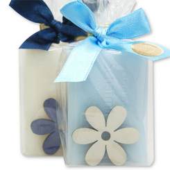 Schafmilchseife eckig 100g, dekoriert mit Blume in Cello, Classic/Vergissmeinnicht 