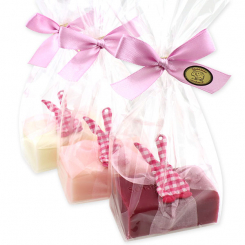 Schafmilchseife eckig 100g dekoriert mit Stoffhase in Cello, sortiert 