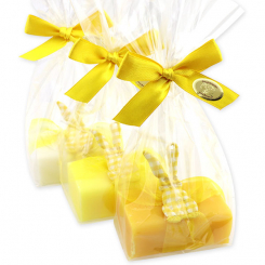 Schafmilchseife 100g dekoriert mit Stoffhase in Cello, sortiert 