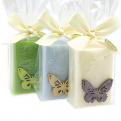 Schafmilchseife eckig 100g dekoriert mit Schmetterling in Cello, sortiert 