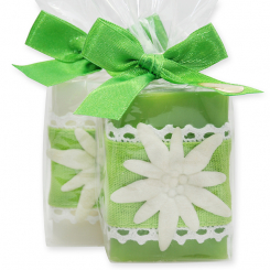 Sheep milk soap 100g, decorated with an edelweiss in a cellophane, Edelweiss/green apple 
