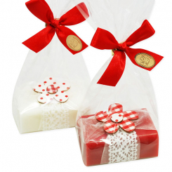Sheep milk soap 100g, decorated with a wooden flower in a cellophane, Classic/pomegranate 