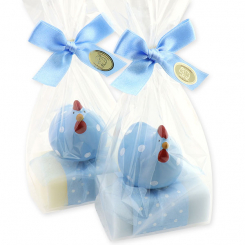 Sheep milk soap 100g decorated with a chicken in a cellophane, Classic/'forget-me-not' 