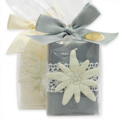 Sheep milk soap 100g decorated with an edelweiss in a cellophane, Edelweiss white/silver 