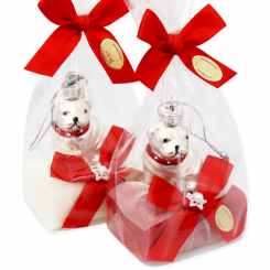 Schafmilchseife eckig 100g dekoriert mit Glas Mops silber in Cello, Classic/Granatapfel 