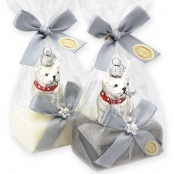 Sheep milk soap 100g decorated with a pug in a cellophane, Classic/christmas rose 