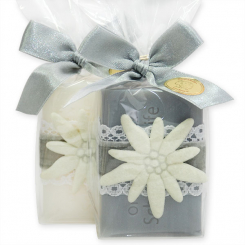 Sheep milk soap 100g decorated with an edelweiss in a cellophane, Edelweiss white/silver 