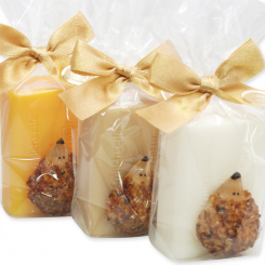 Schafmilchseife eckig 100g, dekoriert mit Igel aus echtem Bernstein in Cello, sortiert 