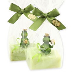 Sheep milk soap 100g, decorated with a frog prince in a cellophane, Verbena/meadow flower 