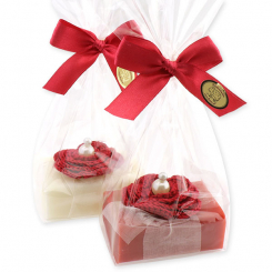 Schafmilchseife eckig 100g, dekoriert mit Häkelblume, Classic/Granatapfel 