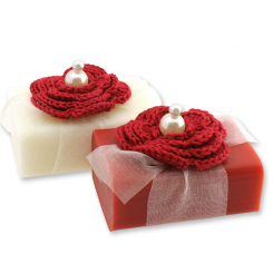 Schafmilchseife eckig 100g, dekoriert mit Häkelblume, Classic/Granatapfel 