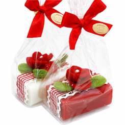 Sheep milk soap 100g, decorated with a felt flower in a cellophane, Classic/pomegranate 