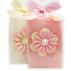 Sheep milk soap 100g, decorated with a flower in a cellophane, Classic/peony 
