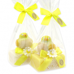 Schafmilchseife eckig 100g dekoriert mit Vogel in Cello, Classic/Grapefruit 