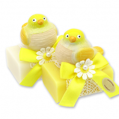 Schafmilchseife eckig 100g dekoriert mit Vogel, Classic/Grapefruit 