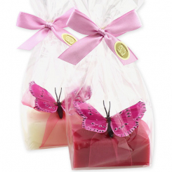 Schafmilchseife eckig 100g dekoriert mit Schmetterling in Cello, Classic/Malvenblüte 