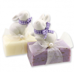 Schafmilchseife eckig 100g dekoriert mit Hase, Classic/Lavendel 
