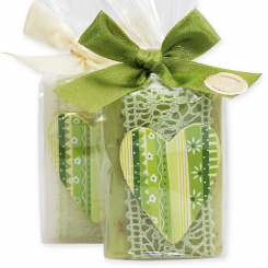 Schafmilchseife eckig 100g, dekoriert mit Holzherz in Cello, Classic/Eisenkraut 