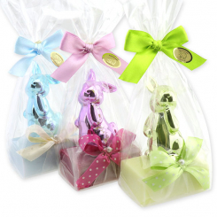 Schafmilchseife eckig 100g dekoriert mit Hase in Cello, sortiert 