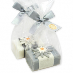 Sheep milk soap 100g decorated with an edelweiss in a cellophane, Edelweiss white/silver 