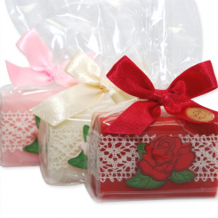 Schafmilchseife eckig 100g, dekoriert mit Holzrose in Cello, sortiert 