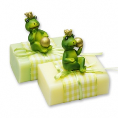 Sheep milk soap 100g, decorated with a frog prince, Meadow flower/cowslip 
