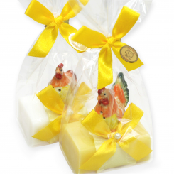 Schafmilchseife eckig 100g dekoriert mit Hahn/Huhn in Cello, Classic/Grapefruit 