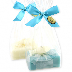 Schafmilchseife eckig 100g, dekoriert mit Seife Fisch 8g in Cello, Classic/Kornblume 