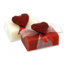 Schafmilchseife eckig 100g, dekoriert mit Perlenherz, Classic/Granatapfel 