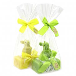 Schafmilchseife eckig 100g dekoriert mit Samthase in Cello, Birne/Grapefruit 