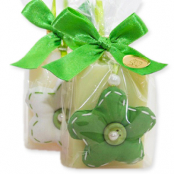 Sheep milk soap 100g, decorated with a fabric flower in a cellophane, Classic/meadow flower 