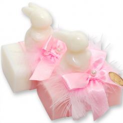 Schafmlichseife eckig 100g dekoriert mit Seife Hase Langohr 23g, Classic/Pfingstrose 