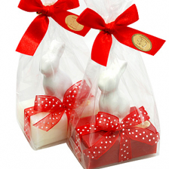 Sheep milk soap 100g decorated with ceramic rabbit in a cellophane, Classic/pomegranate 