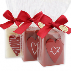Schafmilchseife eckig 100g, dekoriert mit Herz in Cello, Classic/Wildrose 