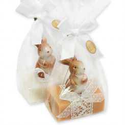 Schafmilchseife eckig 100g dekoriert mit Hase in Cello, Classic/Quitte 