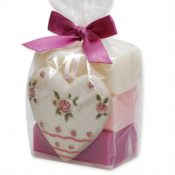 Schafmilchseife eckig 3x100g, dekoriert mit Rosenherz in Cello, sortiert 