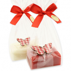 Sheep milk soap 100g, decorated with a wood butterfly in a cellophane, Classic/pomegranate 