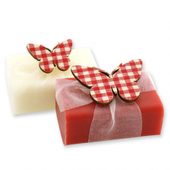 Sheep milk soap 100g, decorated with a wood butterfly, Classic/pomegranate 