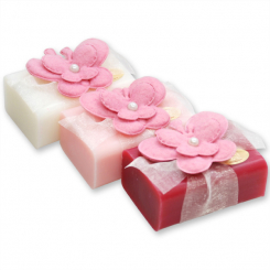Schafmilchseife eckig 100g, dekoriert mit Filzschmetterling, sortiert 