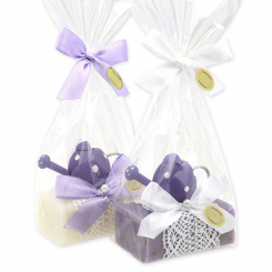 Schafmilchseife eckig 100g dekoriert mit Gießkanne in Cello, Classic/Lavendel 